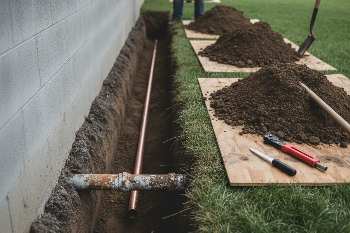 Excavated water line trench during Sewer Line Repair in Far Rockaway